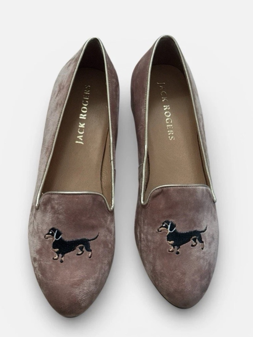 Jack Rogers Velvet Loafers in Mauve with Embroidered Dachshund Sz 10 new